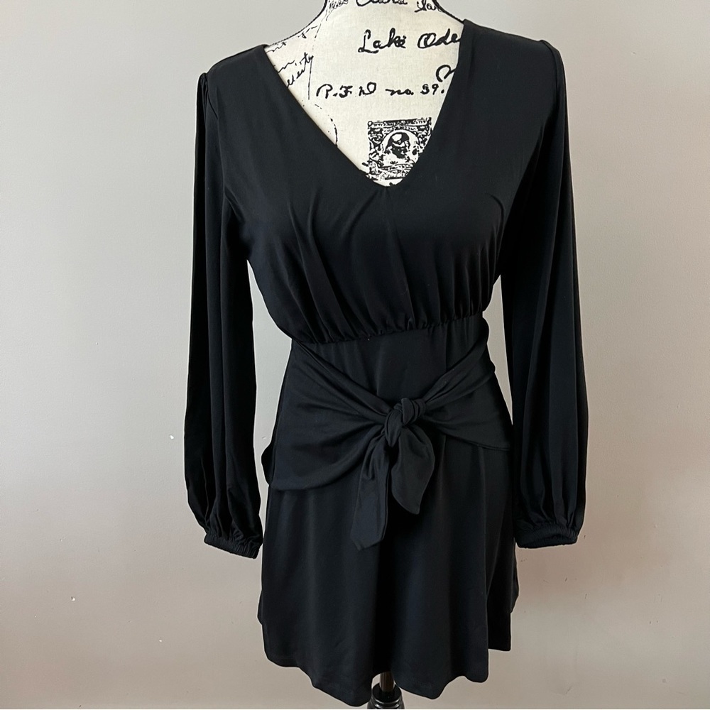 Susana Monaco tie front v neck long sleeve knit jersey dress ladies small black